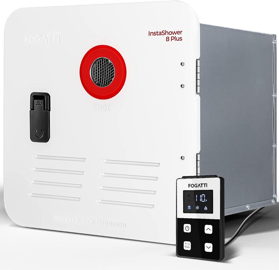 FOGATTI InstaShower 8 Plus RV Tankless Water Heater, with 15 x 15 inches White Door and Remote Controller, 12V DC, Best High Altitude Performance, Ideal for RVers' Everyday Use, Gen 3 (EXP 07/06/26)