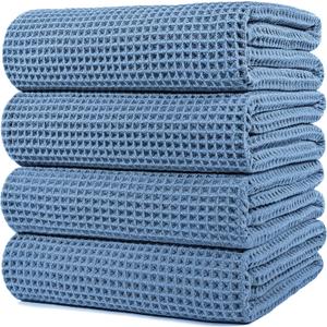 POLYTE Microfiber Oversize Quick Dry Lint Free Bath Towel, 60 x 30 in, 4 Pack (Waffle Weave) (Blue)