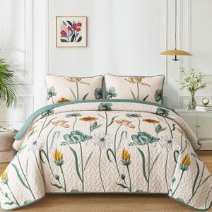 WONGS BEDDING Floral Quilt Set King,Green Yellow Printed Botanical Bedspread Bedding Set with 2 Pillowcase,Spring Summer Lightweight Farmhouse Coverlet Set for All Season (104"x90") (Aqua)