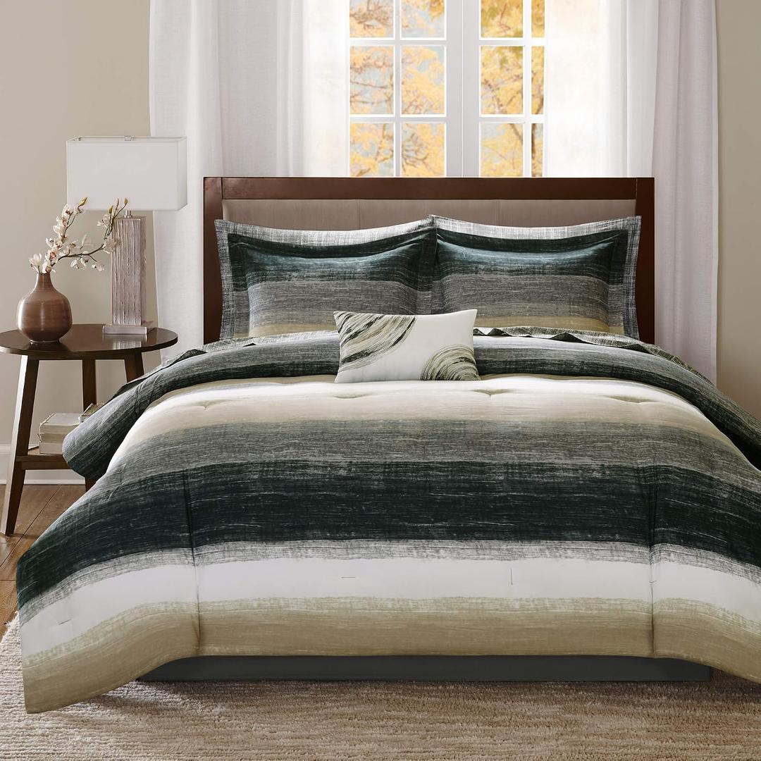 Madison Park Essentials Cal King Comforter Set, Bed in a Bag, Watercolor Print Coastal Comforter & Chambray Cotton Sheet Set, All Season Bedding Set, Saben, Taupe Cal-King (104 in x 92 in) 9 Piece, California King