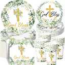 Pickmesh 250 Pcs God Bless Baptism Party Supplies Sage Green Disposable Paper Plates Napkins Cups Set for First Holy Communion Christening Baby Shower Religious Celebration Serves 50