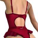 Lilosy Sexy Stocking Lace Mesh Bodysuit Top Underwire Garter Lingerie Set 3 Piece (Red, M)