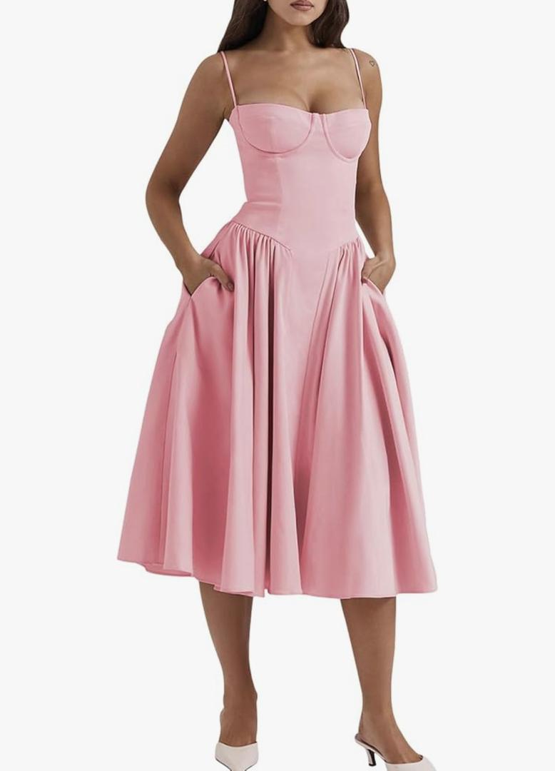 Zwirelz Womens Corset Dress Elegant Spaghetti Strap Midi Dress Flowy Pleated Hem Low Cut Prom Dresses Floral Bustier Dress Small, Pink  Zwirelz Womens Corset Dress Elegant Spaghetti Strap Midi Dress Flowy Pleated Hem Low Cut Prom Dresses Floral Bustier Dress Small, Pink