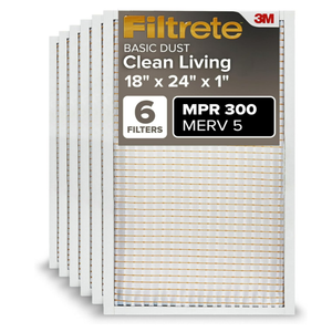 Filtrete 18x24x1 Air Filter, MERV 5, MPR 300, 6 HVAC Filters
Basic Dust & Lint, 3-Month AC/Furnace Filters, Cleaner Air, Reliable Airflow, (Act. Size 17.81x23.81x0.81 in)