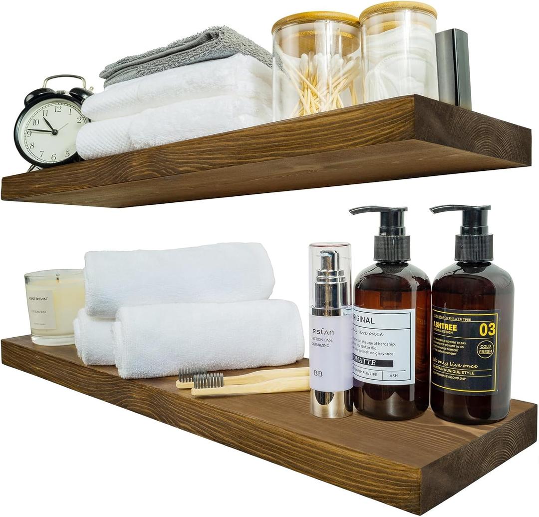 BGMG Wood Floating Shelves 24 inch, Wide Rustic Wooden Wall Shelves for Bathroom Living Room Bedroom Kitchen Farmhouse Set of 2-24x 6.7 x1.25 inch - Walnut Color