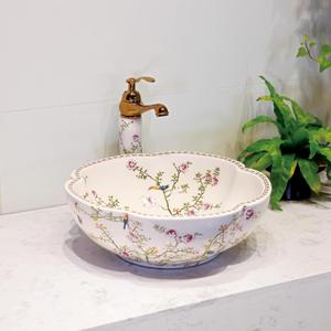 Vessel Bathroom Sink Flower Shape Design Porcelain Above Counter Sink for Bar and Cloakroom Chinese Vanity Bowl (pure white)