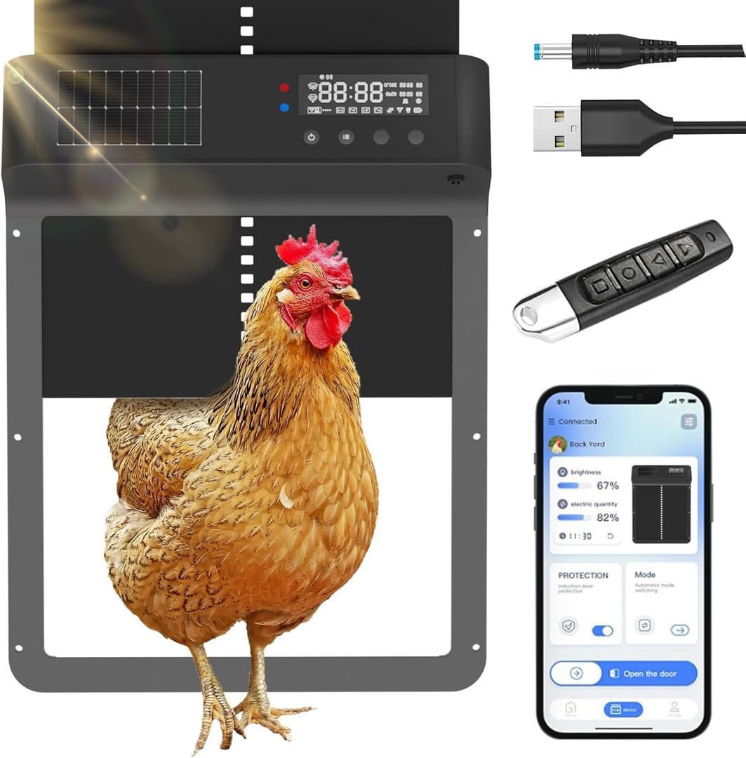 Automatic Chicken Coop Door with App, Battery Solar Powered, Automatic Chicken Door with Timer & Light Sensor - App Remote Control, Anti-Pinch Safety Design & Aluminum Alloy Construction (Black)