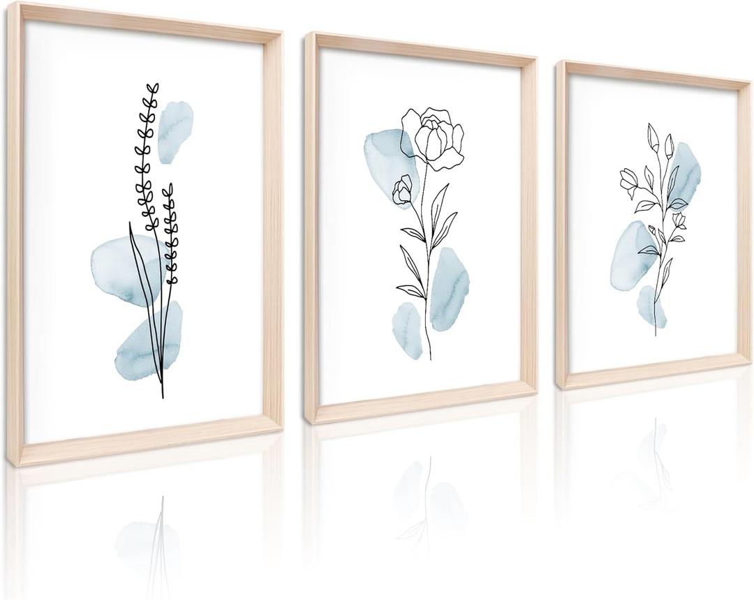 HesenDot Framed Blue Floral Canvas Wall Art, Minimalist Botanical Wall Art Decor, 12x16IN Wood High Framed Prints, Boho Flowers Artworks Prints Posters for Living Room, Kitchen, Bedroom Set of 3