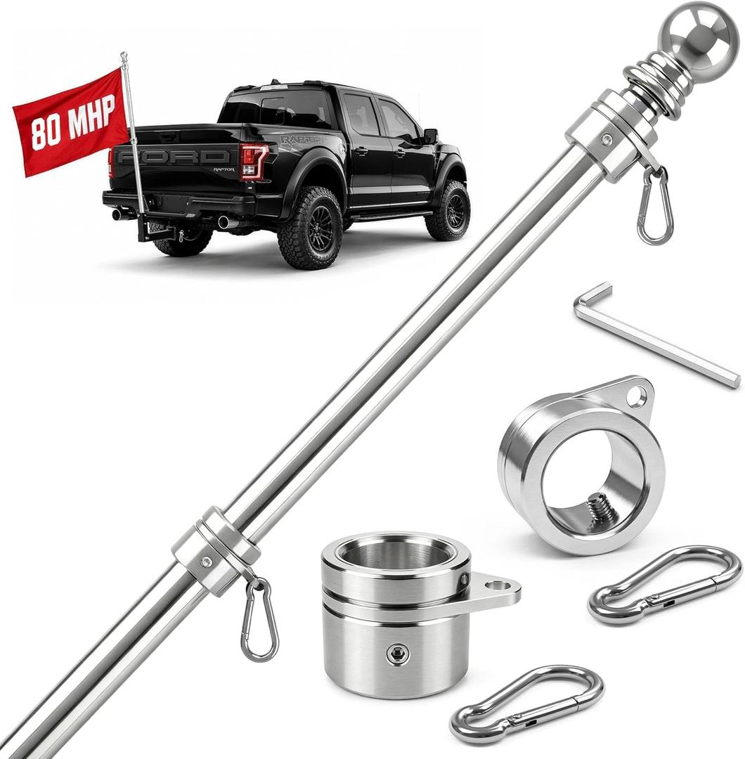 ZMTECH 5FT One Piece Heavy Duty Stainless Steel Flag Pole for Outside House,Flag Pole for Truck,Jeep,Porch,RV,Boat,Wall & Vehicle Use Silver(Without Bracket)