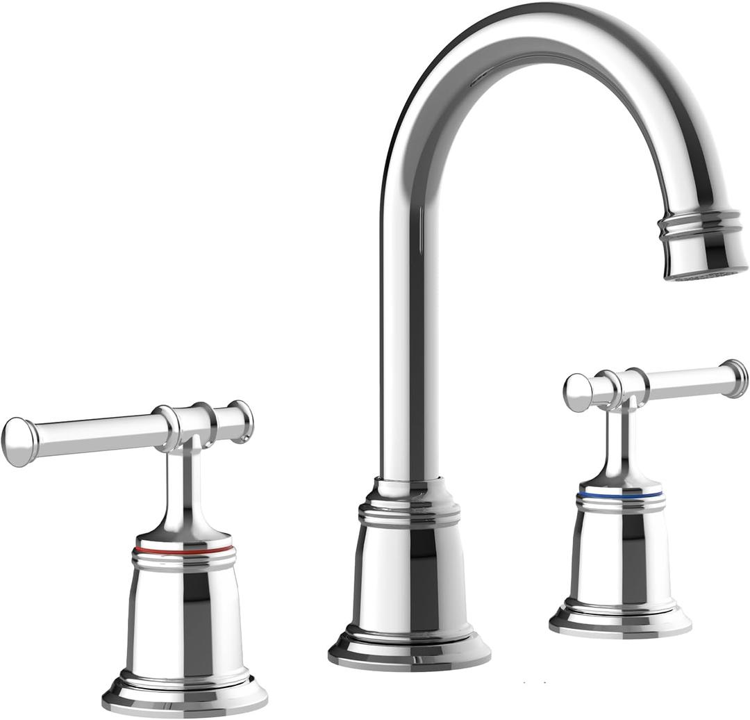 Classical 8 inch Bathroom Faucet, Bathroom faucets for Sink 3 Holes, Widespread Brushed Nickel Bathroom Faucet with Pop Up Drain and cUPC Lead-Free Hose (Chrome 1 Packs)