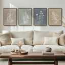 Framed Boho Botanical Wall Art for Living Room, 4 Piece Rustic Floral Canvas Painting Prints, Vintage Minimalist Neutral Flower Artwork for Modern Farmhouse Bedroom Dining Room Office Wall Decor (Simple - Walnut Framed)