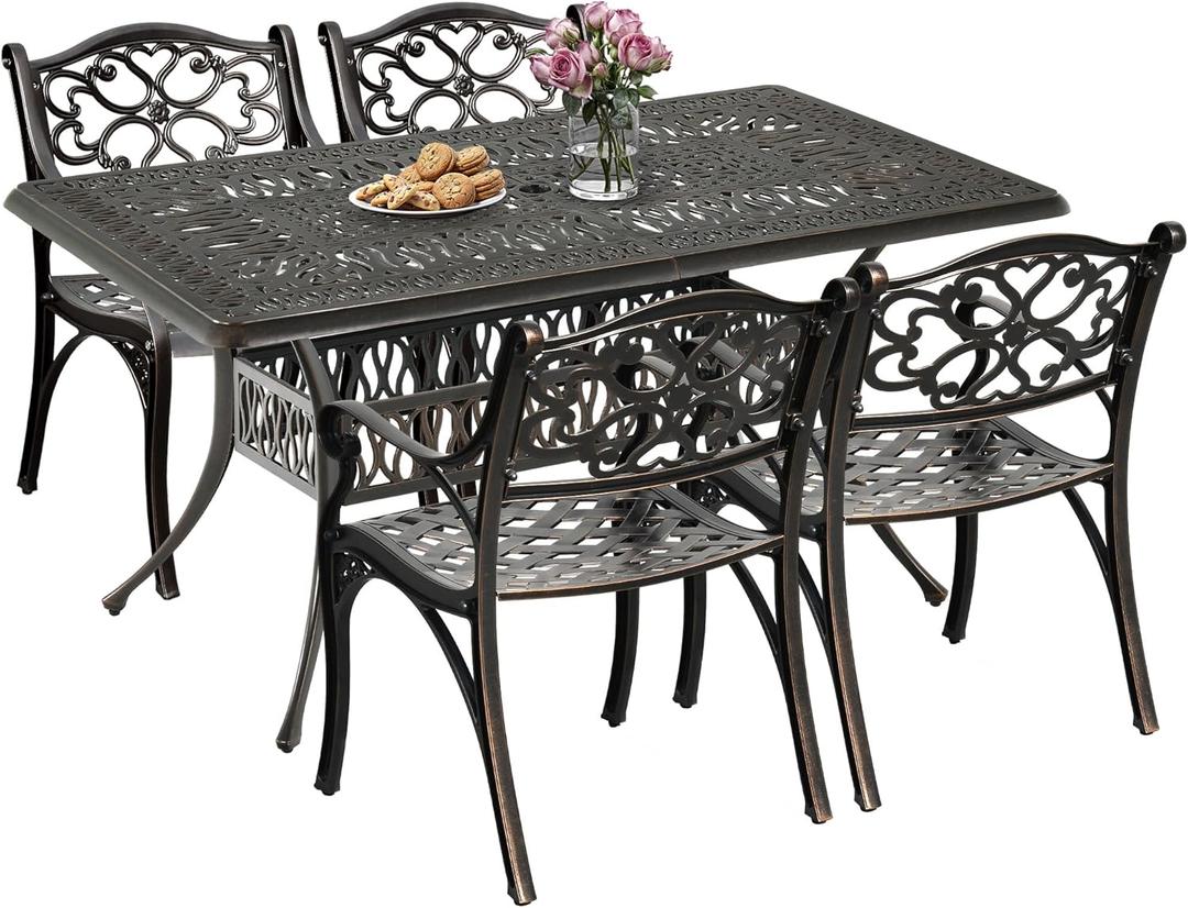 DWVO 5-Piece Outdoor Furniture Cast Aluminum Patio Dining Sets, All-Weather Patio Bistro Sets with 4 Chairs, 59 Inches Round Table with Umbrella Hole, Adjustable Feet for Balcony Backyard Deck Garden