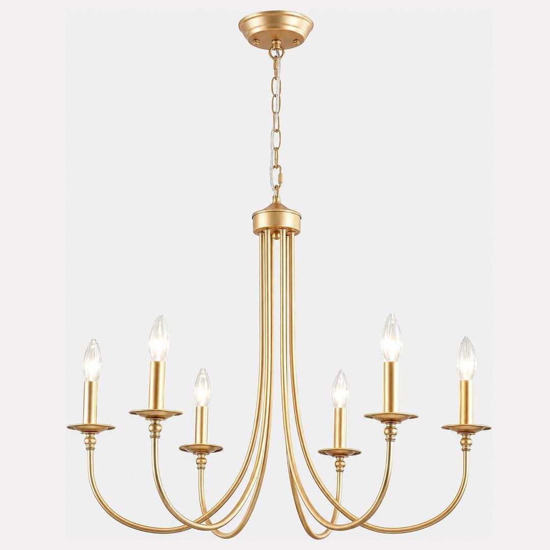 Gold Farmhouse Chandelier, 6 Light Modern Candlestick Brass Dining Chandelier Light Fixture Industrial Pendant Lighting for Living Room Bedroom Kitchen Foyer Entrance Hallway Entryway 28 Inch