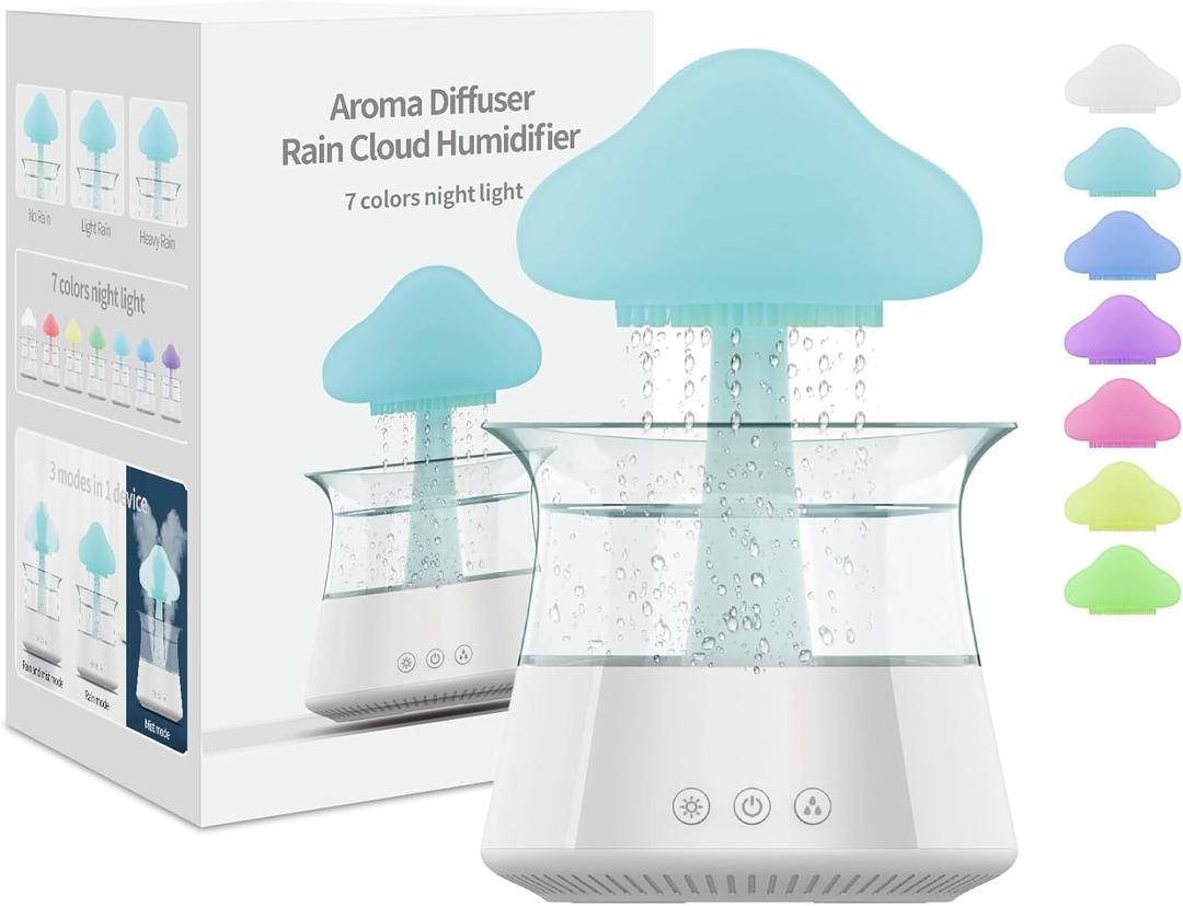 Rain Cloud Humidifier Water Drip - Mushroom Aroma Diffuser, Essential Oil Diffusers, 300ml White Noise Aromatherapy Diffusers with 7 Colors Cloud Lights for Home, Large Room, Office - White