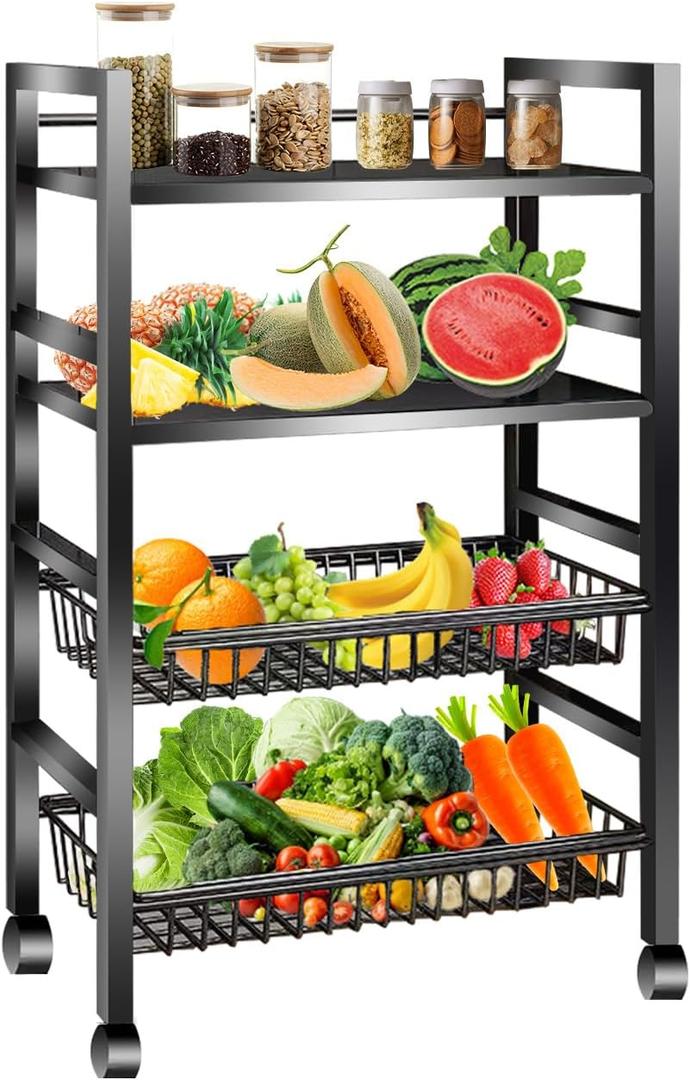 Kitchen Storage Cart, Rolling Snack Cart, 23.6W 4 Tier Fruit Basket Stand, Metal Pantry Storage with Stackable Wire Basket, Black (4Tier2basket)