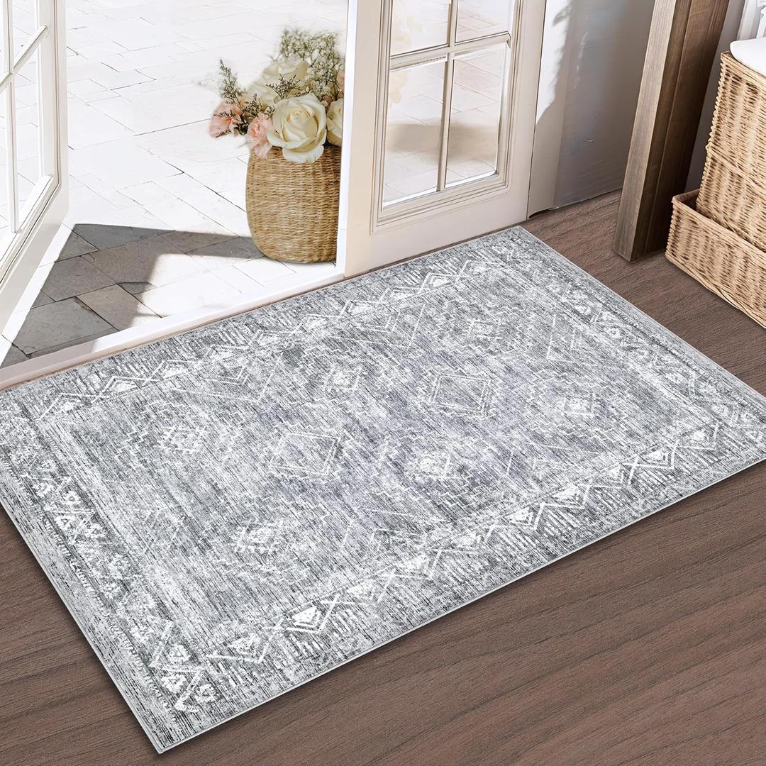 Aoyaomi Moroccan Area Rug 2x3 - Washable Distressed Entryway Rug Non-Slip Small Rug, Soft Low-Pile Geometric Farmhouse Indoor Door Mat Floor Carpet for Entrance Bedroom Kitchen Bathroom (2x3, Grey)