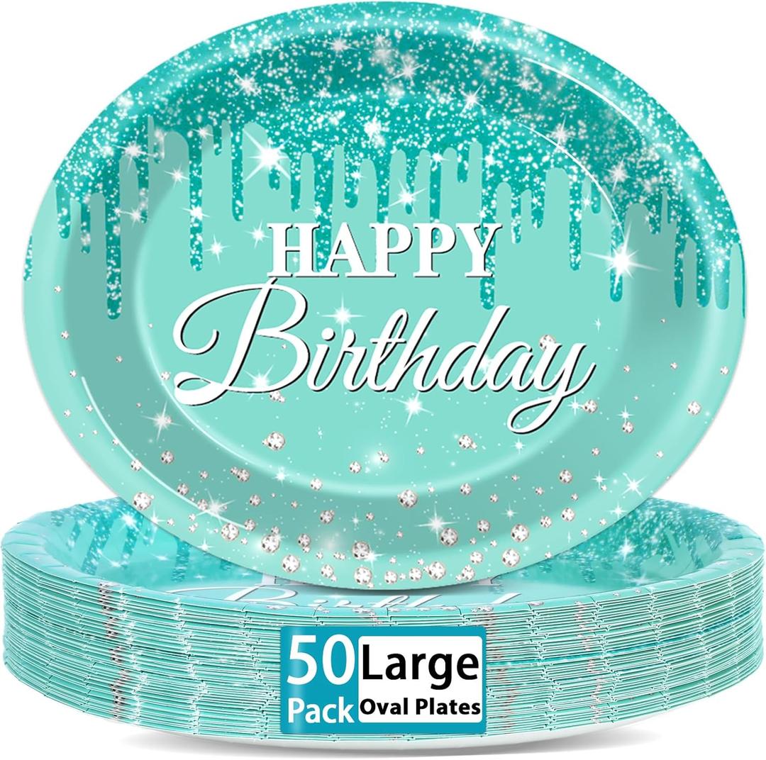 50Pcs Teal and Silver Birthday Oval Paper Plates 11Inch Large Blue Glitter Diamonds Platters Happy Birthday Party Decors Heavy Duty Dish Tray for Girls Women Birthday Gathering Tableware Set Supplies