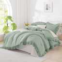 Andency Queen Size Comforter Set, Sage Green Ruffle Bedding Set, 3 Pieces Boho Comforter for Queen Bed, Farmhouse Ruffle Bed Comforter Set, Lightweight and Soft Bedding Comforter for All Seasons