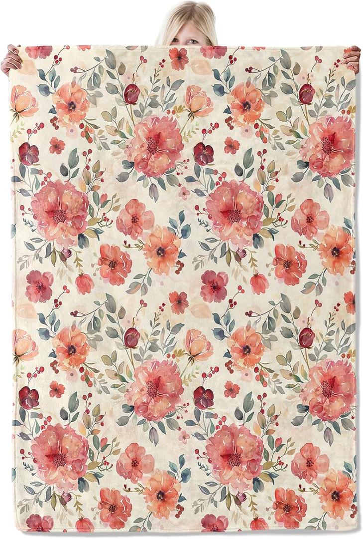 ICAAV Watercolor Floral Blanket Flannel Throw 50x60in,Soft Pink,Coral and Burgundy Flowers on Cream Background,Cozy Lightweight Throw for Women,Girls,Romantic Home Decor Gifts Blankets
