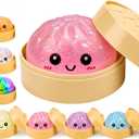 Glitter Pink Mystery Dumpling Squishies with Steamer Box, Soft Stretchy Bao Bun Stress Relief Balls, Sensory Fidget Squeeze Toys for Anxiety Relief, Decompression Desk Toys