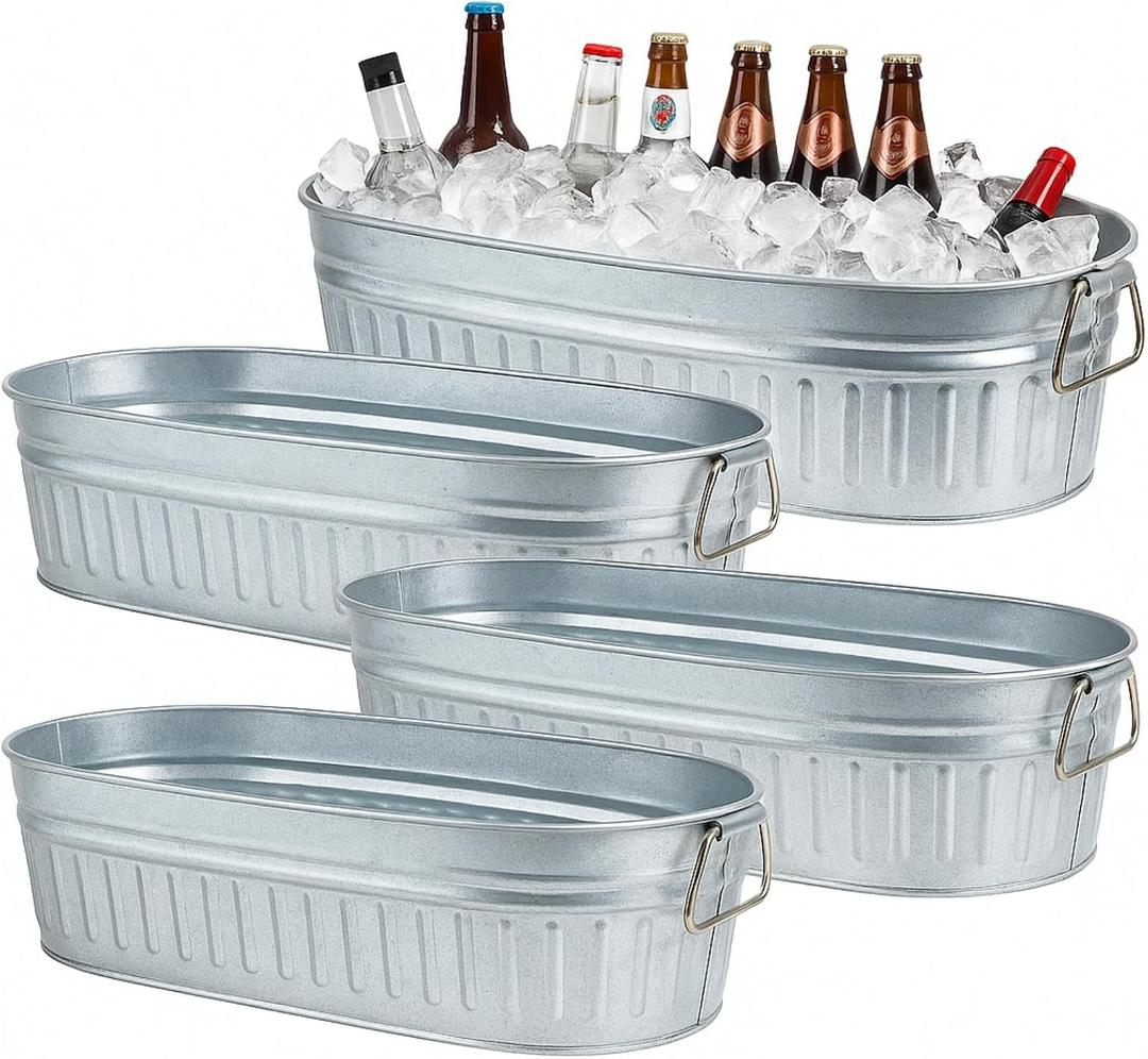 Lallisa 4 Pcs 5.3 gallons Galvanized Beverage Tub Galvanized Bucket Metal Ice and Drink Bucket with Handles Tub for Parties Farmhouse Home Pool Bar (Sliver) (EXP 12/31/36)