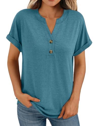 AUTOMET Women's Short Sleeve Shirts Henley Dressy Casual Summer Tops 2026 Spring Fashion Blouses Trendy Cute T-Shirts Business Work Outfits Clothes Bluegreen, Size L