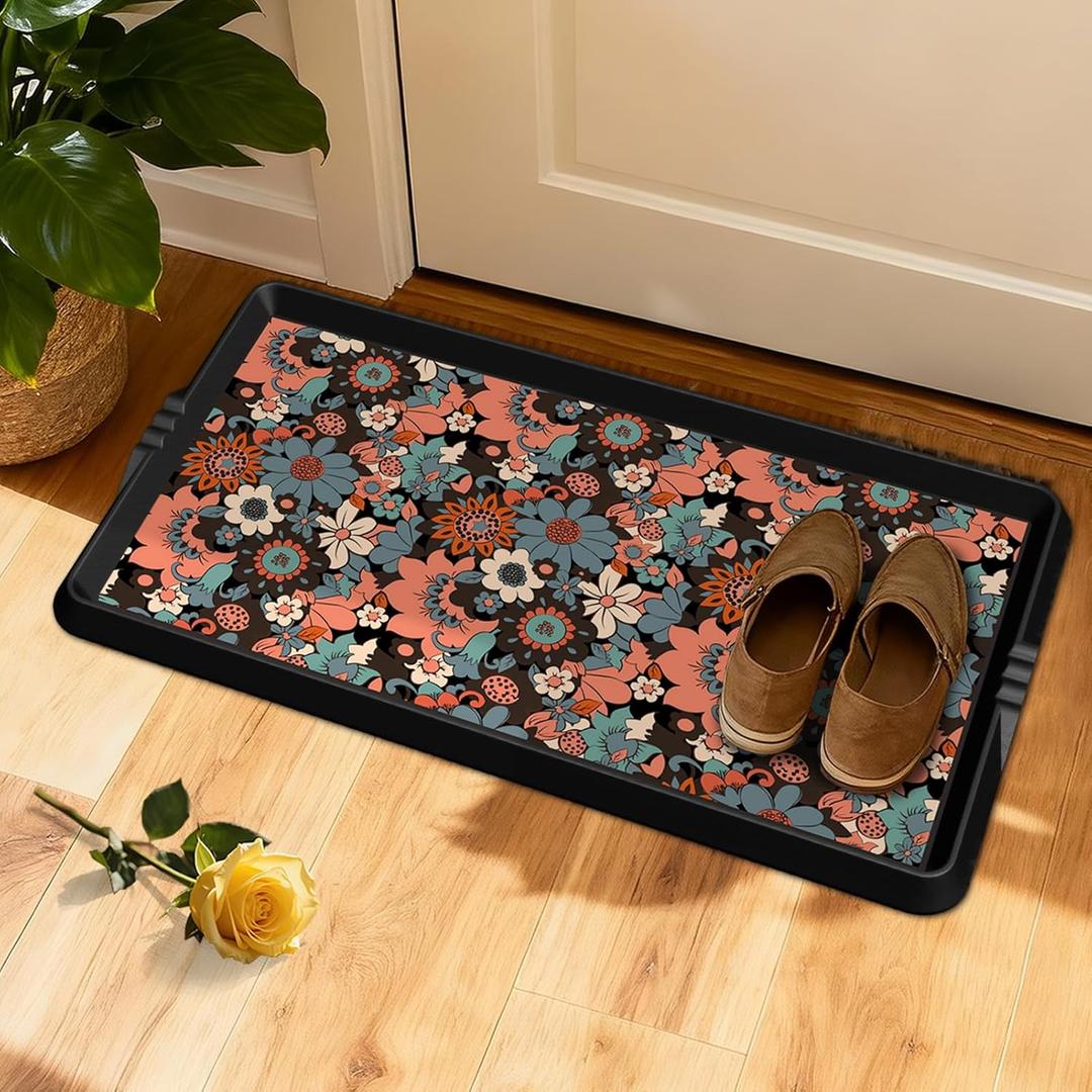 BEHERO Boot Tray Shoe Mat Decorative Patterned, Rubber Shoe Matt Tray Indoor/Outdoor Use, 16" x27.5" Shoe Cleaning Mat Non-Slip, Shoe Storage Waterproof Flower Prints for Entryway, Sunlit Blossom (Terracotta Glow)