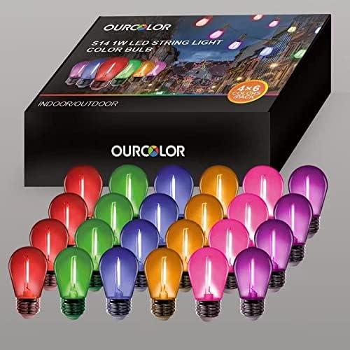 24 Pack Multicolor S14 1W LED String Light Replacement Bulb, Home Decor, Holiday, Party, Wedding, Christmas Light, Assorted