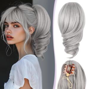 Claw Clip Ponytail Extension - 12 Inch Curly Ponytail Extension, Wavy Pony Tails Hair Extensions, Synthetic Hair Extensions Ponytail, Clip On Ponytails for Women Color: Silver Grey