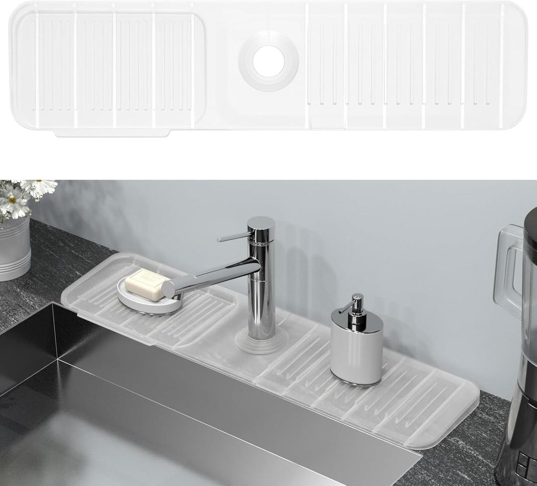 Kitchen Sink Splash Guard Behind Faucet 24 x 5.5 Inch, Toovem Faucet Handle Drip Catcher Tray, Longer Silicone Sink Faucet Mat, Dish Soap Sponge Holder for Bathroom, Farmhouse, Bar Rv (Clear)