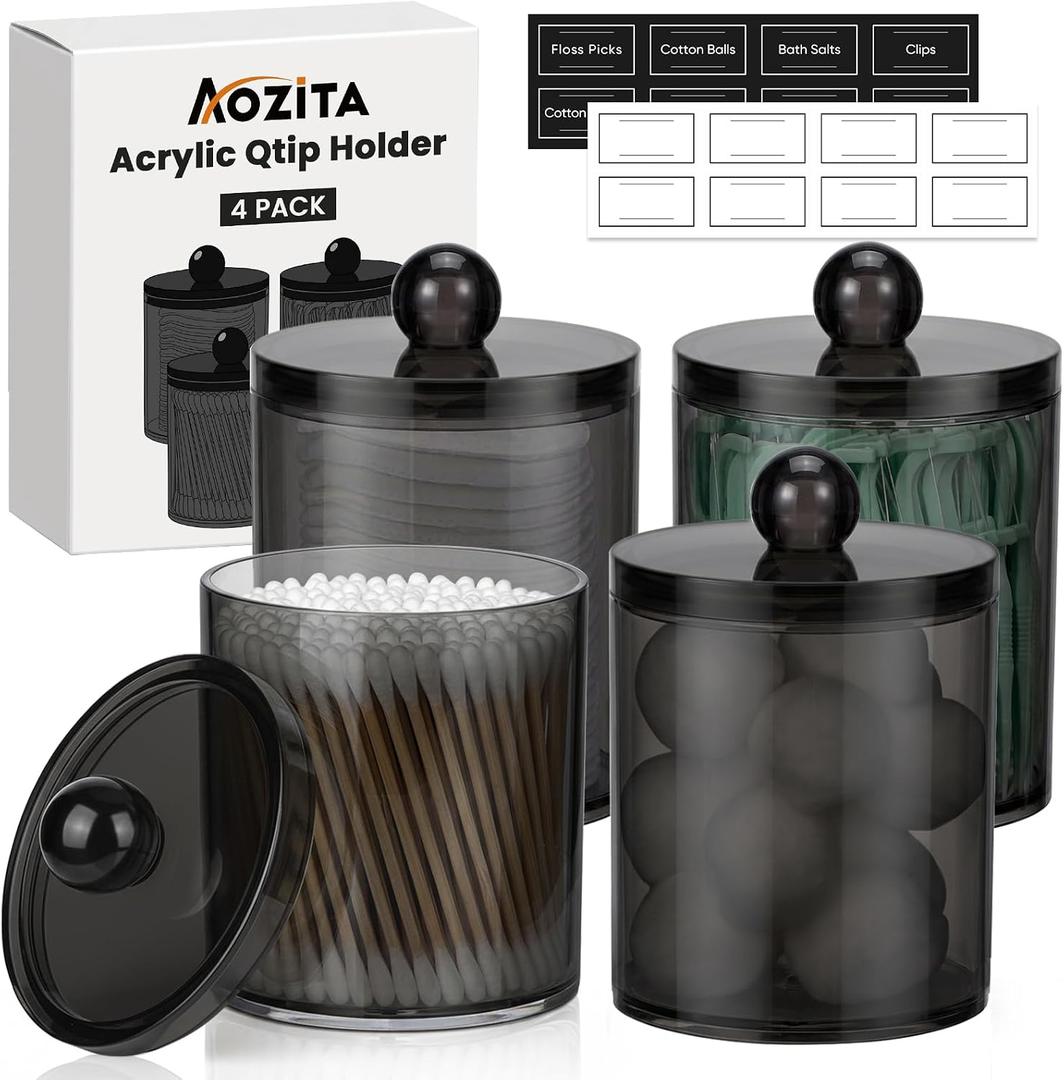 4 Pack Acrylic Qtip Holder Dispenser for Cotton Swabs, Balls, Pads, Floss Picks- Clear Acrylic Canister Apothecary Jar Set, Bathroom Essentials Accessories Decor Vanity Makeup Storage Organizer -Black