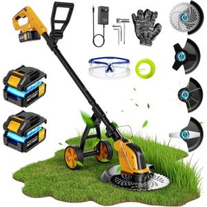 21V 800W Brushless Cordless Weed Wacker, 12-Inch Electric Weed Eater with Wheels, 23.0Ah Batteries & 4 Types Blades for Garden, Lawn & Yard Care