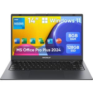 Laptop Computer, 14 Inch Laptop 8GB RAM 128GB SSD Laptops, Quad-Core N5095 Processor, Up to 2.9 GHz, Win11 Pro, Office Pro Plus 2024, WiFi 5, BT 5.0, Webcam, Long Lasting Battery, Black