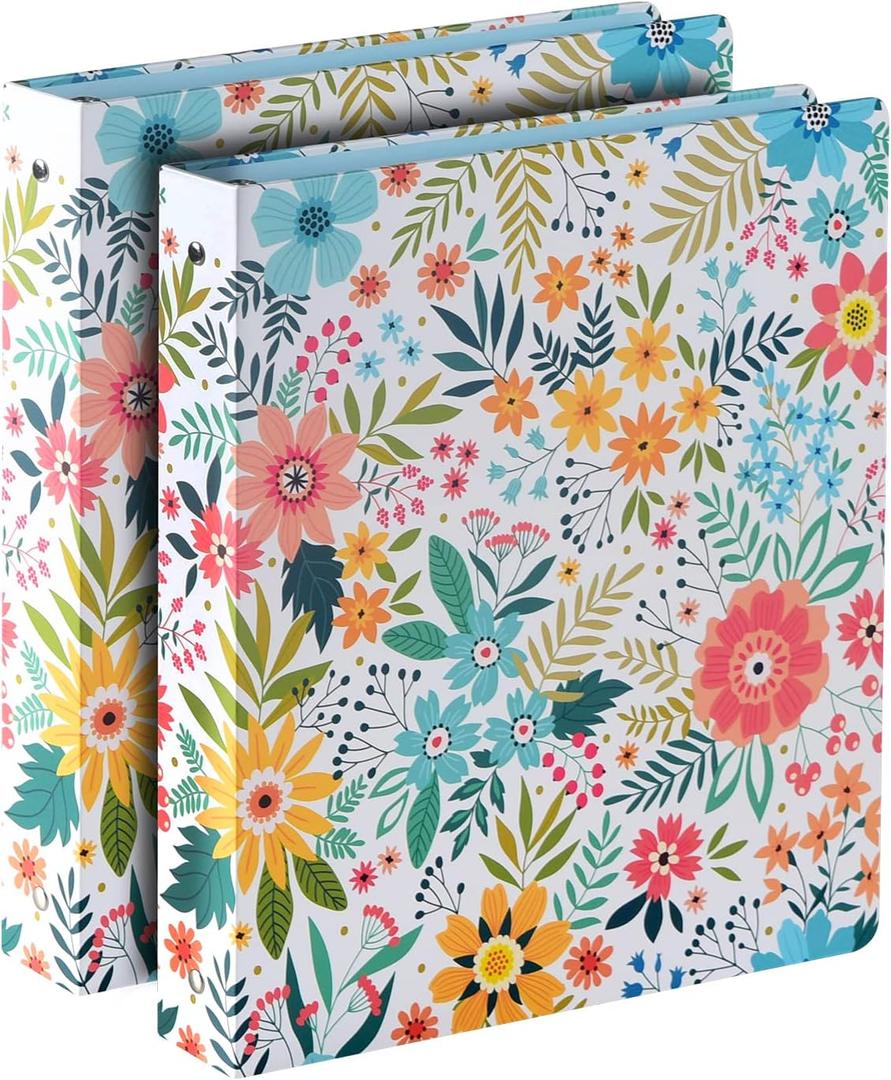 1-inch 3-Ring-Binder with Pockets 1'' Decorative Round Ring Binders for School Holds US Letter Size 8.5'' x 11'' 200 Sheets for Office/Home/Back to School, 2 Pack (Bright Floral)