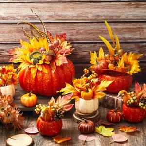 Riceshoot 6 Pcs Large Thanksgiving Artificial Pumpkins Decor with Light, Fall Centerpieces for Table Artificial Fake Foam Pumpkin Flowers for Fall Autumn Thanksgiving Harvest Party Tabletop