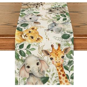 Artoid Mode Animals Elephant Giraffe BabyShower Table Runner, Seasonal Spring Summer Kitchen Dining Table for Home Party Decor 13x72 Inch (Green)