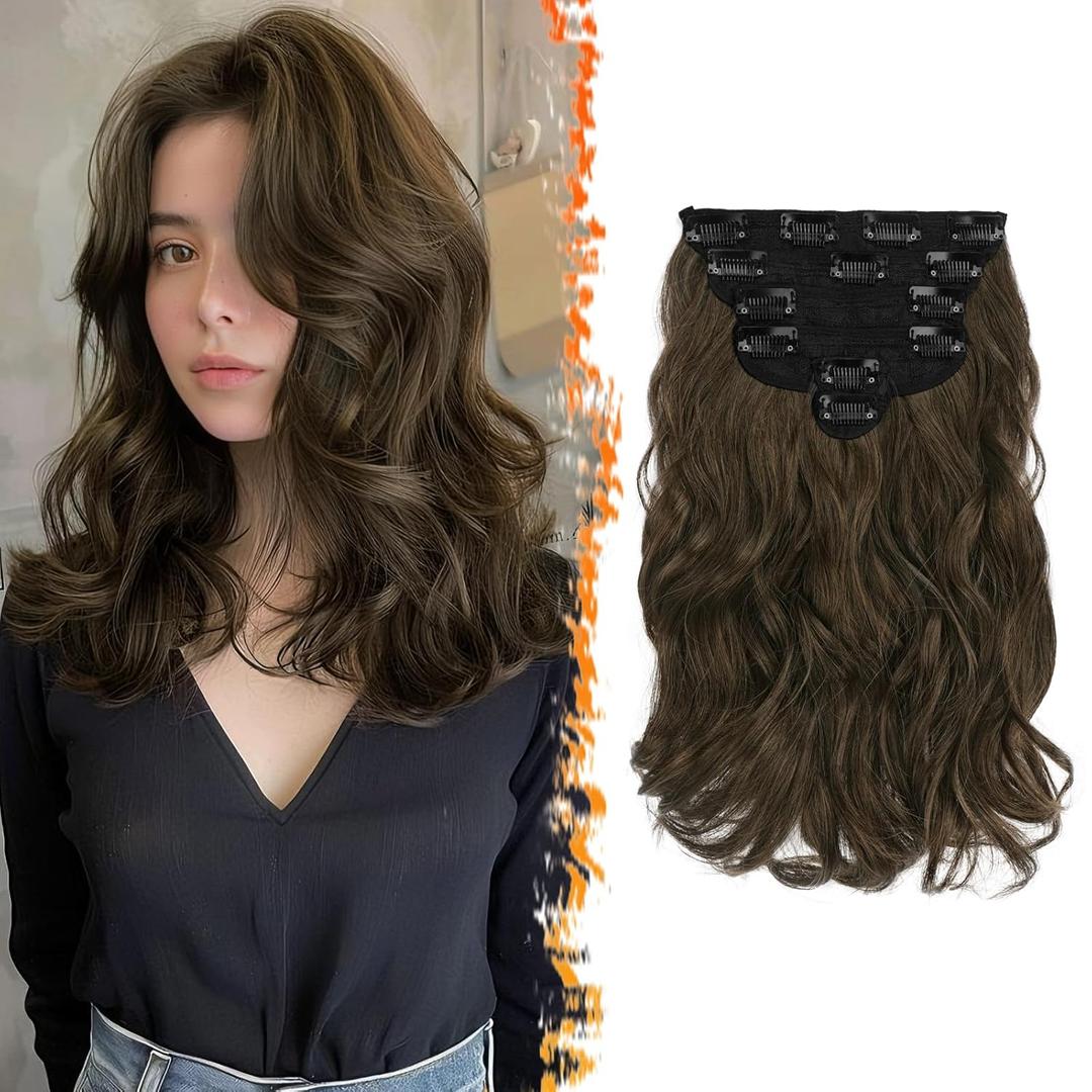 BARSDAR Wavy Clip-in Hair Extensions - 12 Inch Brown, 6PCs Full Head Thick Soft Synthetic Clip-in Hairpieces for Daily Party Halloween - Chestnut Brown