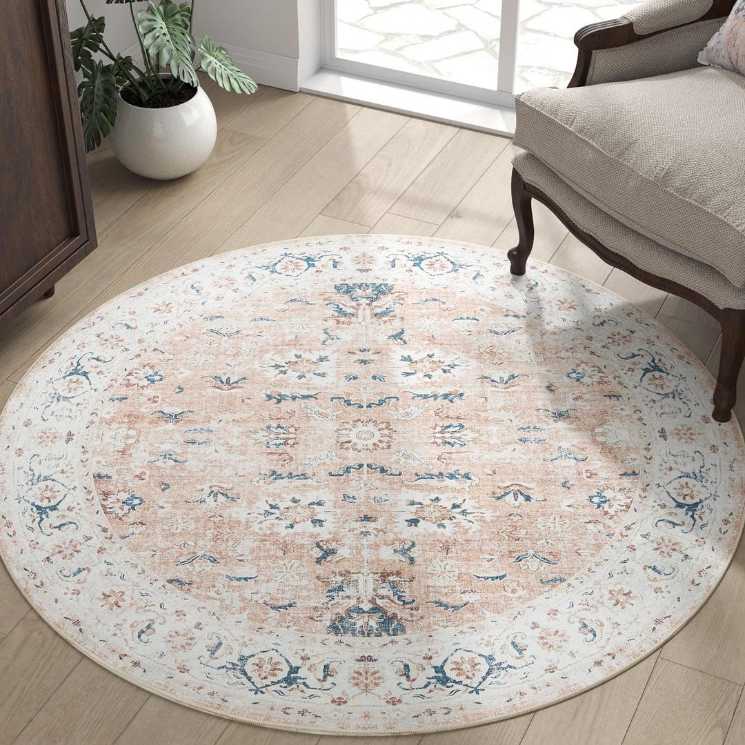 jinchan Round Rug 5ft Area Rug - Washable Boho Vintage Floral Circle 5' Round Floor Cover Lightweight Low Pile Thin Throw Non-Slip Carpet for Kitchen Living Room Bedroom Dining Room Office Pink Blush