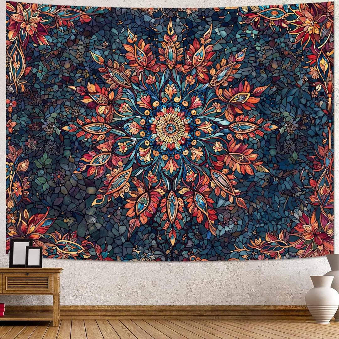 Accnicc Boho Floral Mandala Tapestry for Bedroom Hippie Bohemian Flower Wall Tapestry Aesthetic Small Stained Glass Red Blue Indian Tapestries Wall Hanging for Living Room Dorm Decor 48 x 36 Inch