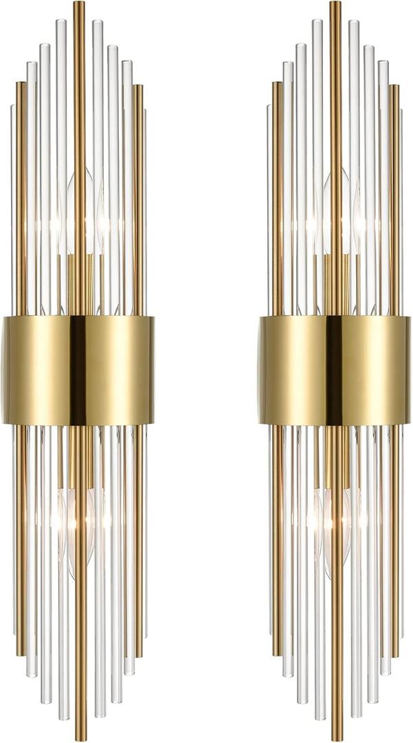 2-Light Modern Brushed Titanium Gold Wall Sconce with Clear Glass Crystal Luxury Wall Light Fixtures for Bedroom Living Room Bathroom Vanity Mirror Light Fixtures Set of 2