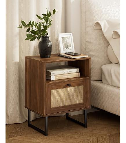 Acodaiuy Night Stand Farmhouse Nightstand Boho Bedside Table Modern Nightstand with 1 Drawer and 1 Open Storage Space, End Table, Storage Canbinet for Bedroom, Walnut