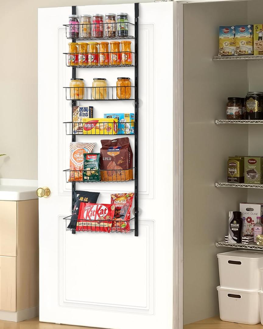 VEVOR Over the Door Pantry Organizer, 6-Tier Pantry Organization and Storage, Heavy-Duty Steel Hanging Spice Rack, Adjustable Wall Seasoning Shelves, for Home Kitchen Laundry Room Bathroom, Black VEVOR Over the Door Pantry Organizer, 6-Tier Pantry Organization and Storage, Heavy-Duty Steel Hanging Spice Rack, Adjustable Wall Seasoning Shelves, for Home Kitchen Laundry Room Bathroom, Black