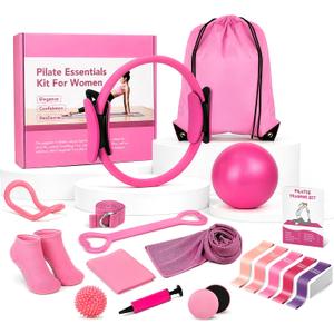 Pilates Kit for Women 17 Pieces Premium Pilates Equipment Set with Magic Circle Ring, Yoga Ball, 5 Resistance Bands, Stretching Strap & More | Full Body Toning | Fitness Gift for Her