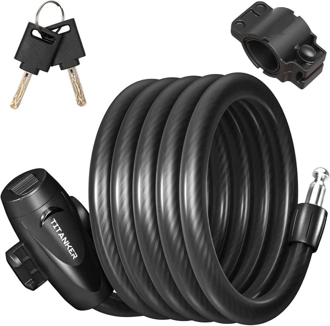 Titanker Bike Lock, Bike Lock Cable 6 Feet Coiled Secure Bicycle Locks with Keys Scooter Locks Bicycle Locker 1/2 Inch Thick Heavy Duty Anti Theft Bike Cable Lock with Mounting Bracket