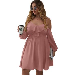 WDIRARA Women's Plus Size Cold Shoulder Ruffle Trim Bishop Sleeve A Line Dress (Pink, XL)