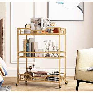 Square Gold Bar Carts with 3 Tier Storage Glass Shelves Holder Home Serving Bar Carts on Wheels for Kitchen, Bar, Dinning Room, 14 x 28 x 35 inches