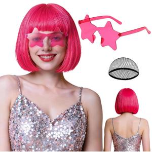 Hot Pink Bob Wig with Star Sunglasses for Women Men, Neon Party Colored Bob Wigs Synthetic Hair with Hair Cap for Discos 80s Retro Costume Party Bachelorette Drag Valentine's Day Birthday
