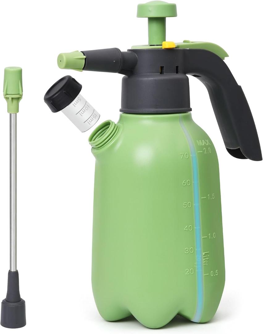Hand Pump Sprayer 1/2 Gallon, Garden Pump Spray Bottle for Plants, Pressure Sprayer Bottle in Lawn and Garden Yard, Weed Chemical Sprayer with 2 Nozzle & Safety Pressure Relief Valve (2L/0.5Gal)