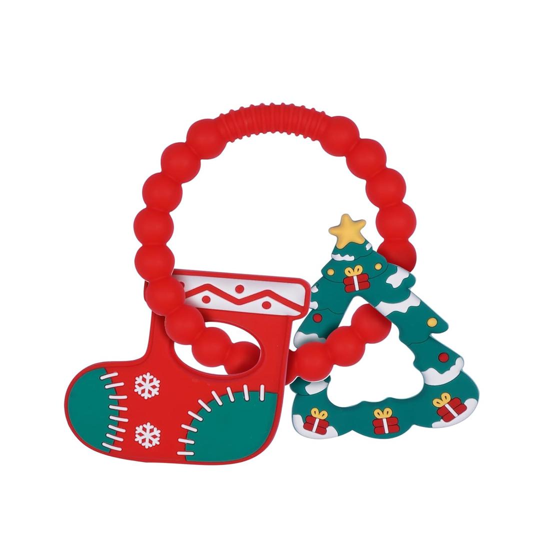 Silicone Baby Ring Toy with Christmas Stocking and Tree Teethers,Must Haves Teething Relief Chew Toys for 0-6,6-12 Months Boys and Girls,Newborns Essentials,Safe and Soft,BPA Free.