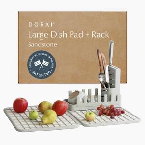 Dorai Home Collapsible Dish Drying Rack and Stone Dish Pad  Large Foldable Drying Rack with Instant - Dry Stone Mat  Space-Saving Drainer for Kitchen Counter - 24.6" x 16.5", Sand